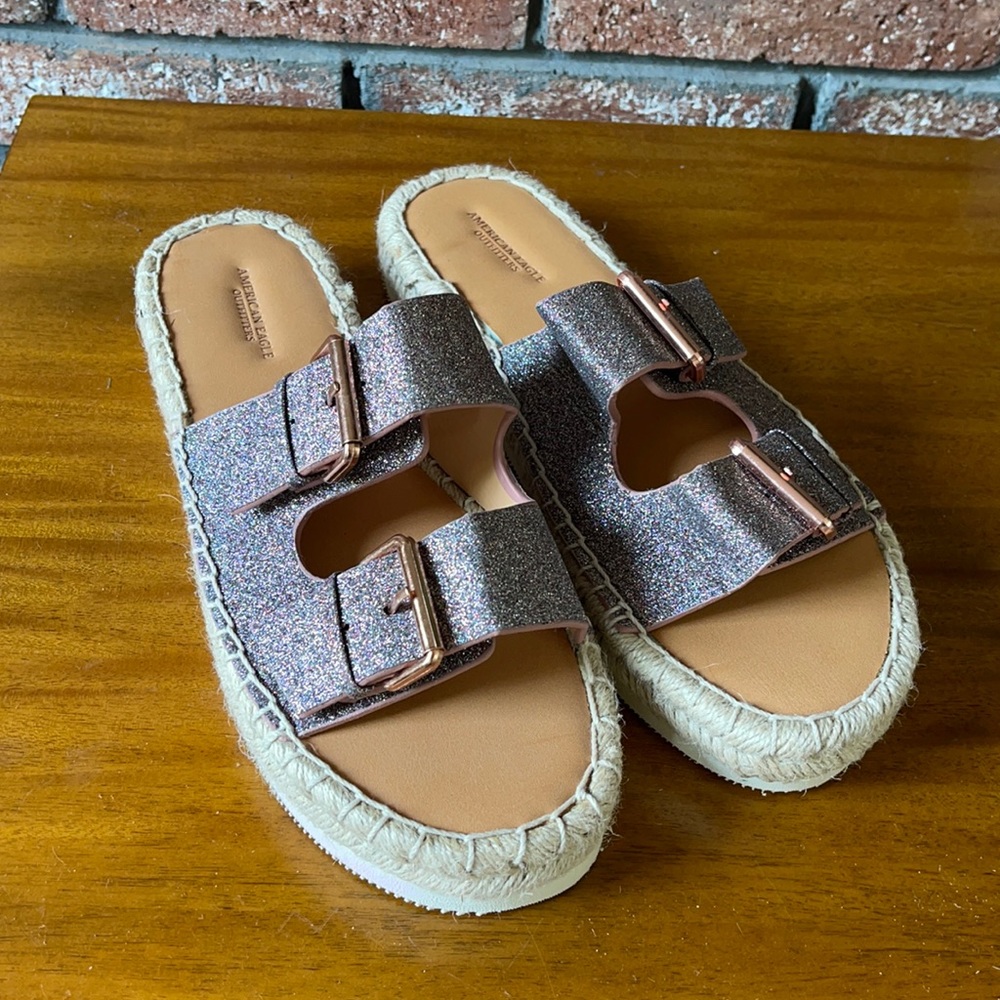AE Glitter Strap Espadrille Sandals - Size 10